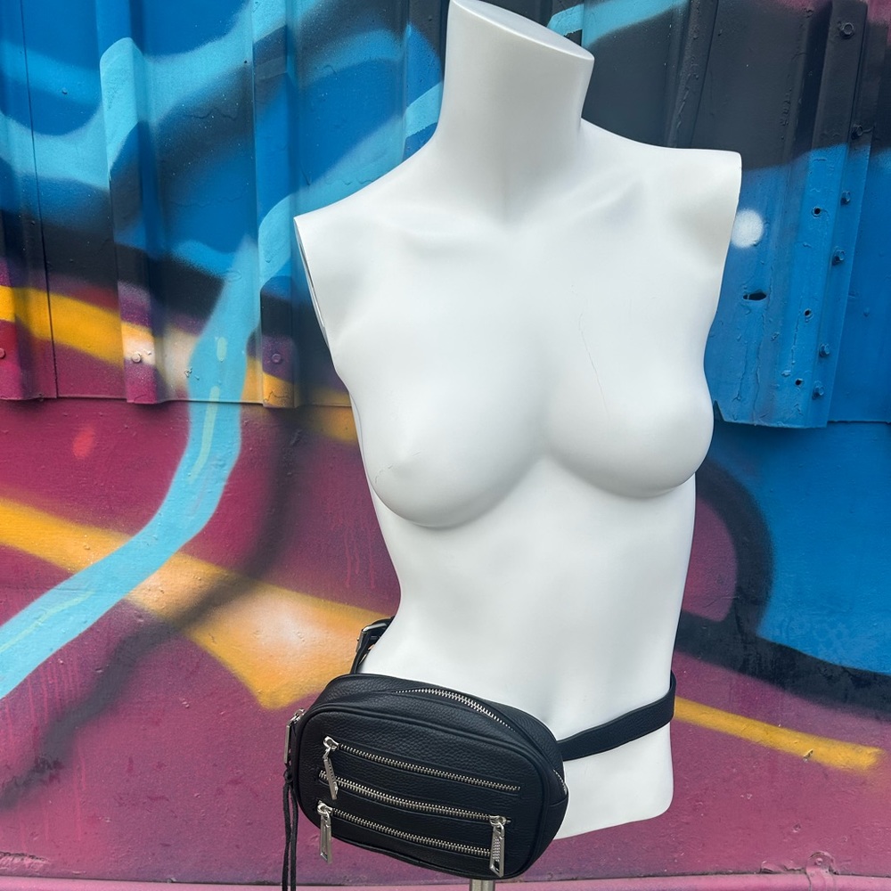 Rebecca Minkoff black leather belt bag, multi-zippered with tassels